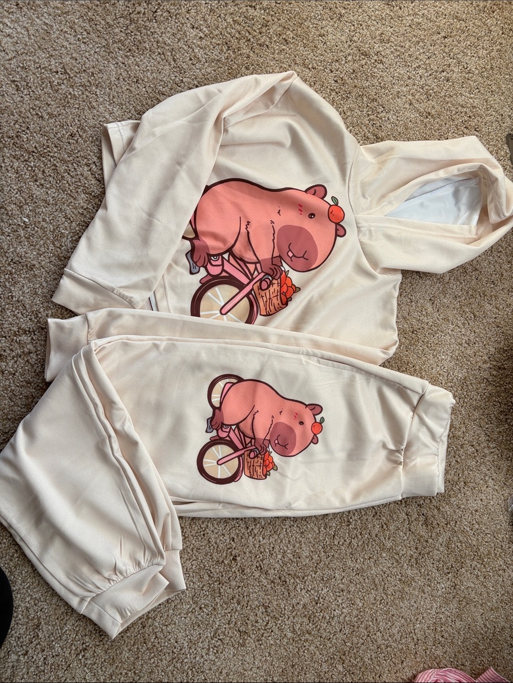 Cream Hooded Sweatshirt & Joggers Set with capybara Bike Print